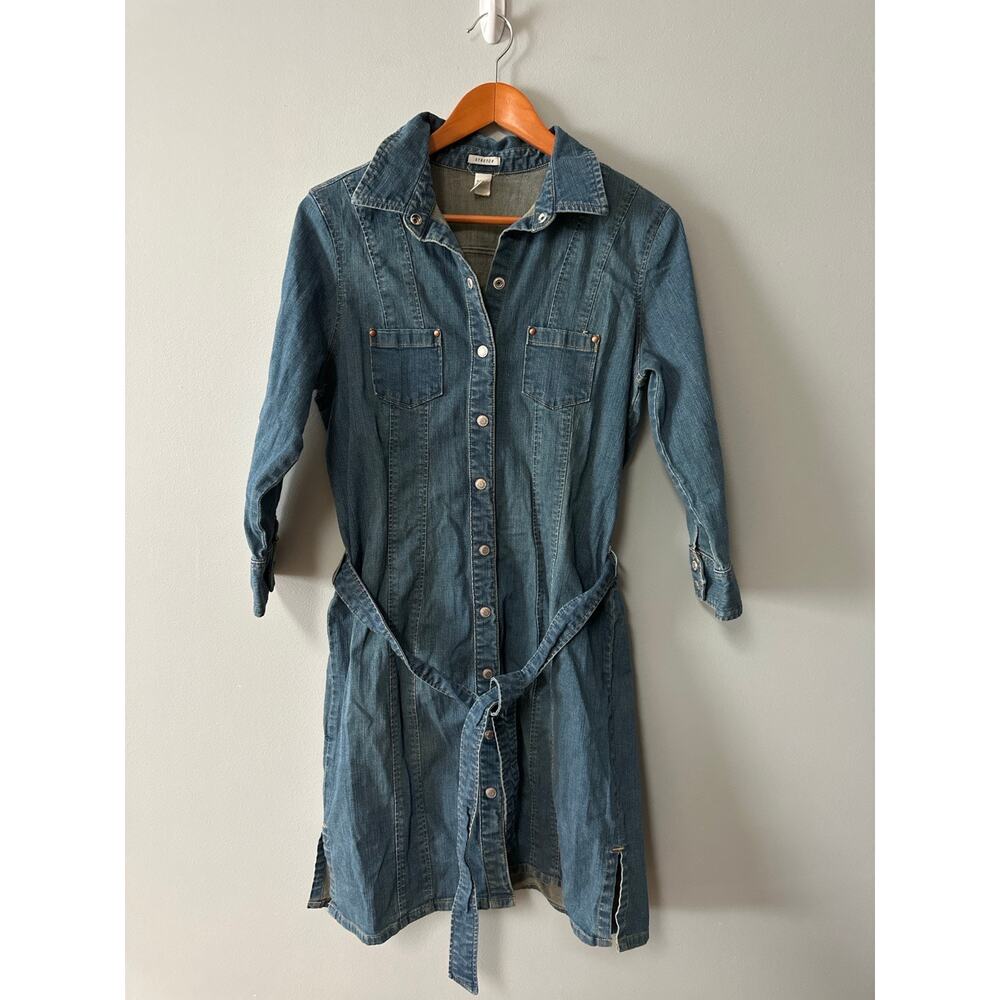 Old Navy Denim Shirt Dress Womens 12 Stretch Chambray Button Front Belted Midi